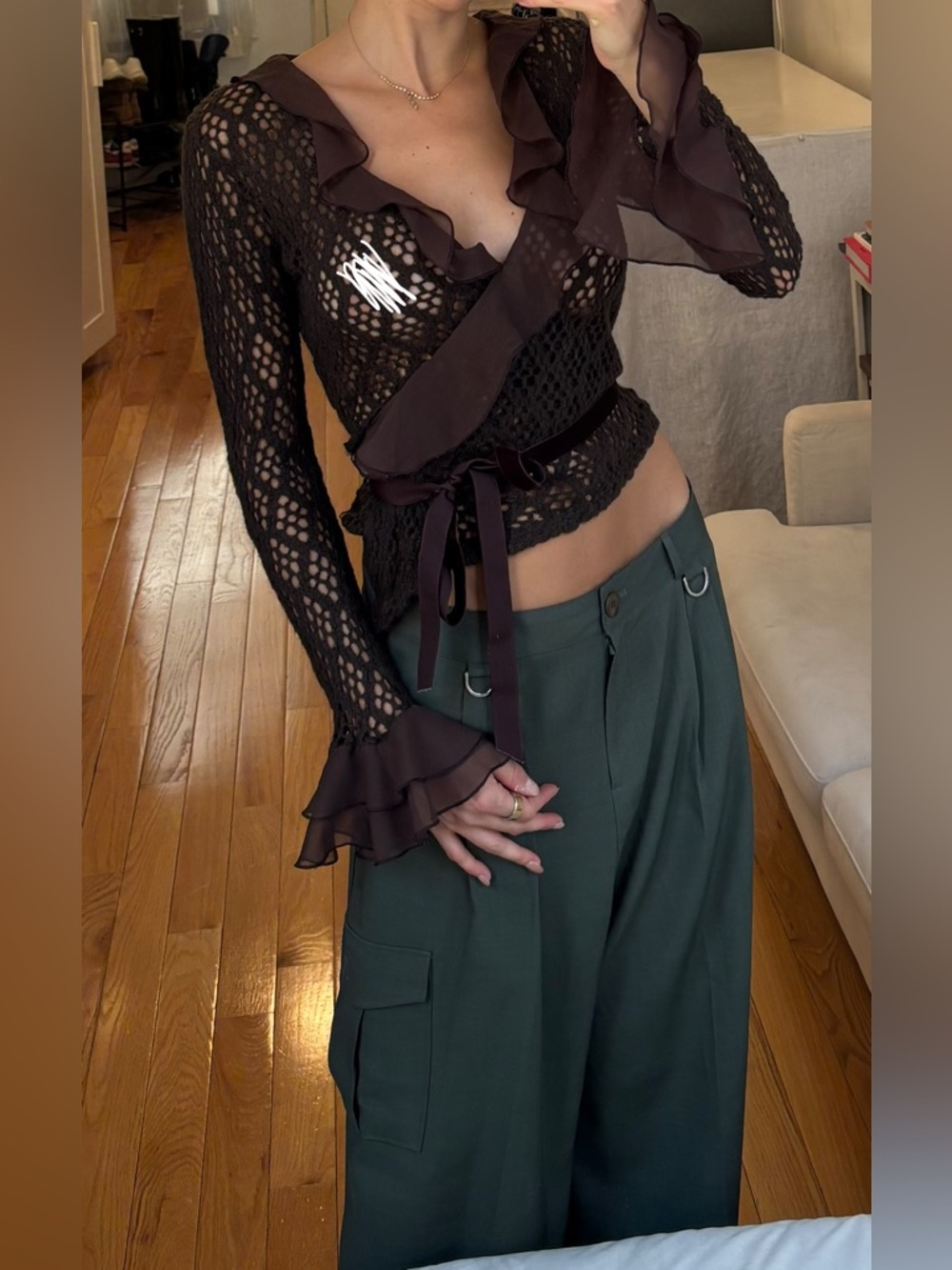 UPCYCLED Chocolate Brown Crochet Ruffle Wrap Cardigan with Velvet Tie